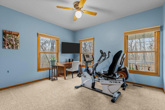 exercise room featuring carpet floors, baseboards, visible vents, and a ceiling fan