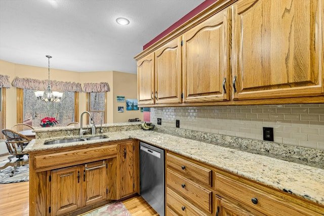 kitchen featuring backsplash, a peninsula, a sink, light stone countertops, and stainless steel dishwasher