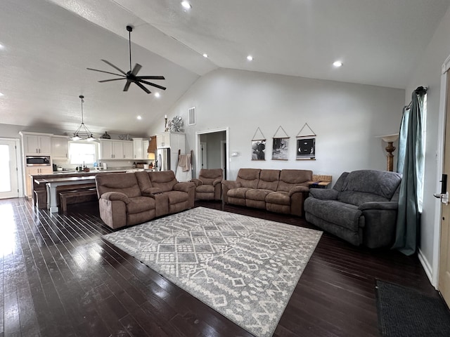 living area featuring visible vents, dark wood finished floors, ceiling fan, high vaulted ceiling, and recessed lighting