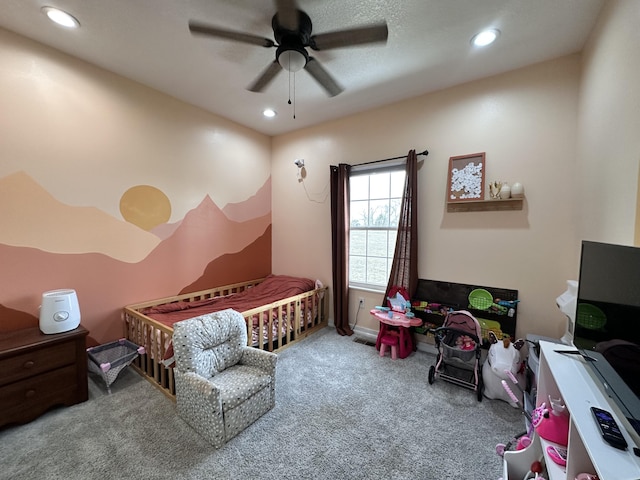 bedroom featuring ceiling fan, carpet flooring, and recessed lighting