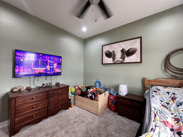 bedroom featuring ceiling fan, carpet, and recessed lighting