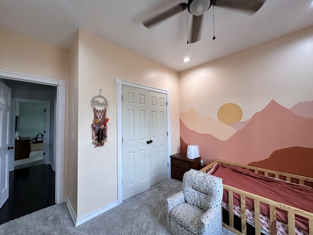 carpeted bedroom with a ceiling fan, baseboards, a closet, and recessed lighting