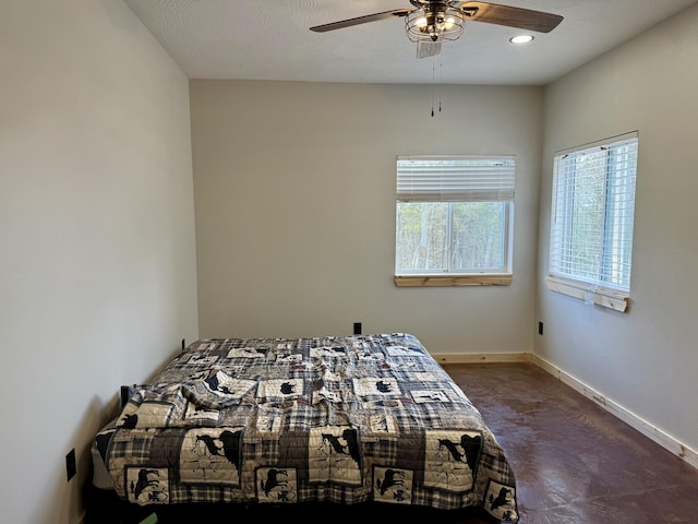 unfurnished bedroom featuring recessed lighting, ceiling fan, and baseboards