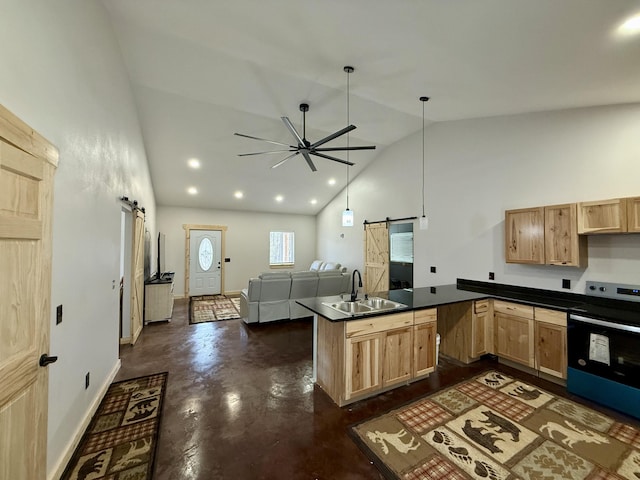 kitchen with a barn door, light brown cabinets, a sink, and electric range