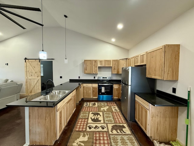 kitchen with light brown cabinetry, electric range, dark countertops, and a barn door