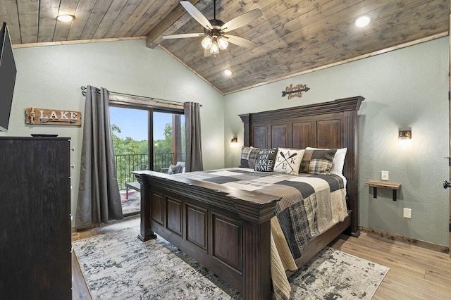 bedroom featuring baseboards, lofted ceiling with beams, wooden ceiling, access to exterior, and light wood-type flooring