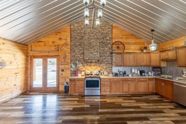 80 Serenity Ct, Gepp, AR 72538 - kitchen with dark wood-style floors, light countertops, appliances with stainless steel finishes, a sink, and wooden walls