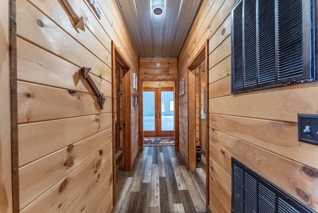 80 Serenity Ct, Gepp, AR 72538 - hall with wooden ceiling, wood walls, dark wood-style floors, and french doors