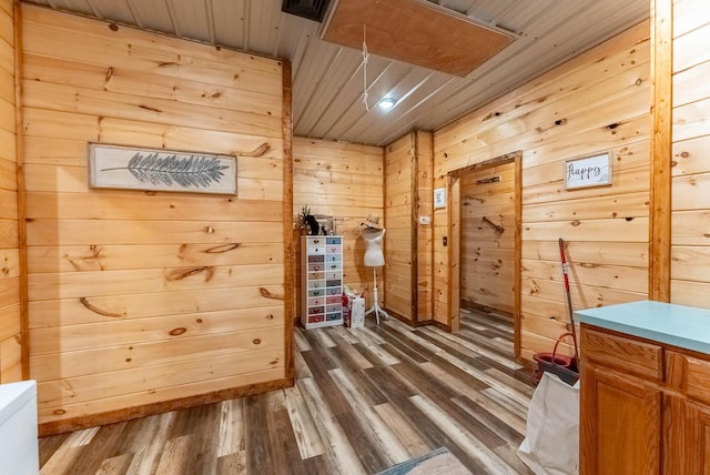 80 Serenity Ct, Gepp, AR 72538 - hall featuring wood walls, wooden ceiling, wood finished floors, and attic access