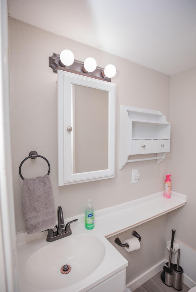 bathroom with wood finished floors and a sink