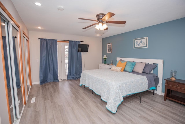 bedroom featuring ceiling fan, baseboards, wood finished floors, and recessed lighting