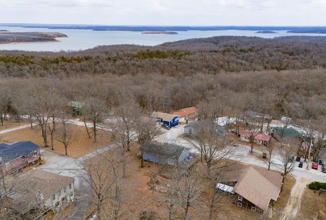 birds eye view of property featuring a water view and a view of trees