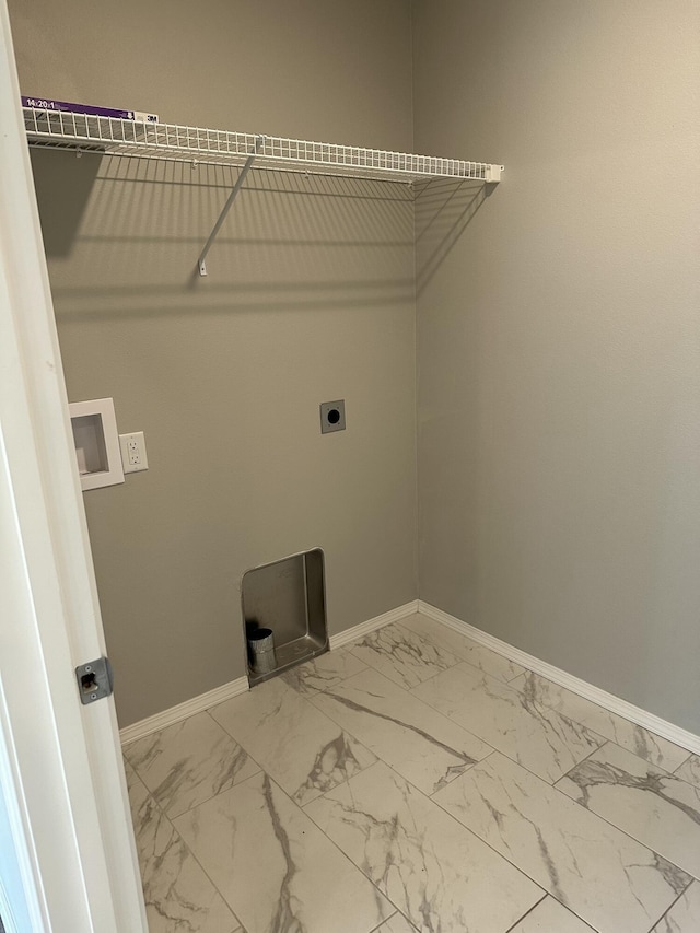 laundry area with laundry area, washer hookup, baseboards, marble finish floor, and electric dryer hookup