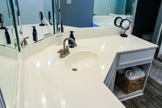 room details featuring wood tiled floor, vanity, and toilet