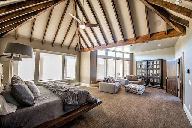 carpeted bedroom with baseboards, high vaulted ceiling, and beamed ceiling