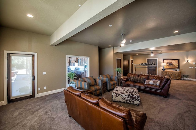 living room with recessed lighting, carpet flooring, and baseboards