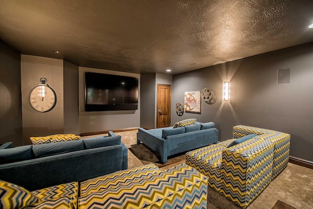 carpeted home theater featuring baseboards, a textured ceiling, and recessed lighting