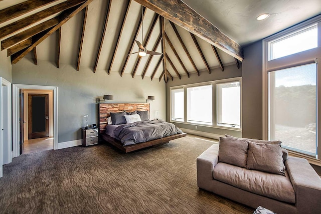 bedroom with high vaulted ceiling, carpet flooring, beam ceiling, and baseboards