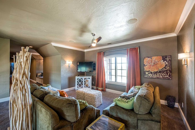 carpeted living area featuring a textured ceiling, baseboards, crown molding, and a textured wall