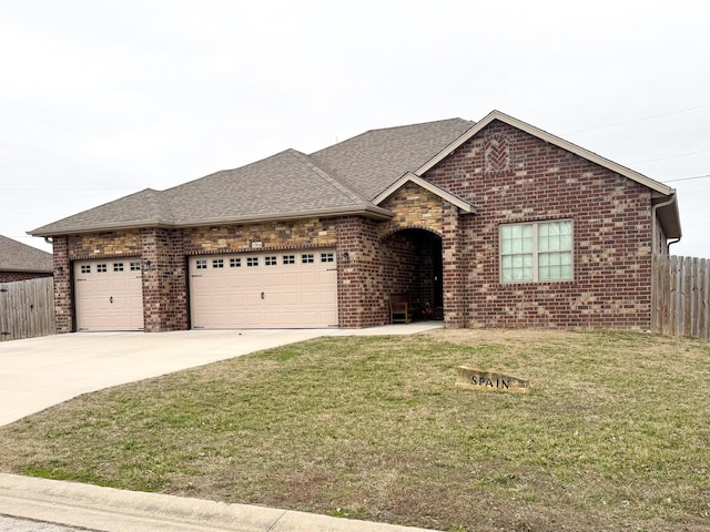 single story home with a garage, a shingled roof, brick siding, fence, and driveway