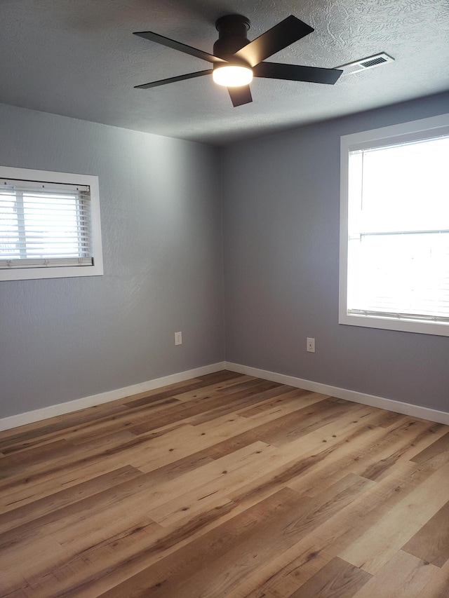 empty room featuring light wood-type flooring, plenty of natural light, a textured ceiling, and baseboards