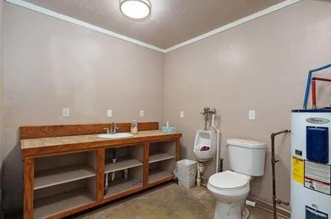 half bath with water heater, a sink, toilet, and crown molding