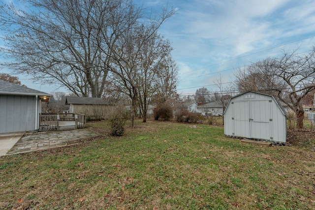 view of yard with an outdoor structure, a patio, and a storage unit