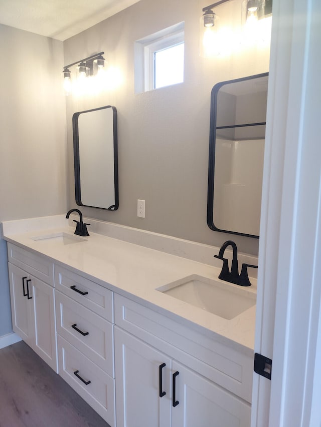 bathroom with double vanity, wood finished floors, and a sink