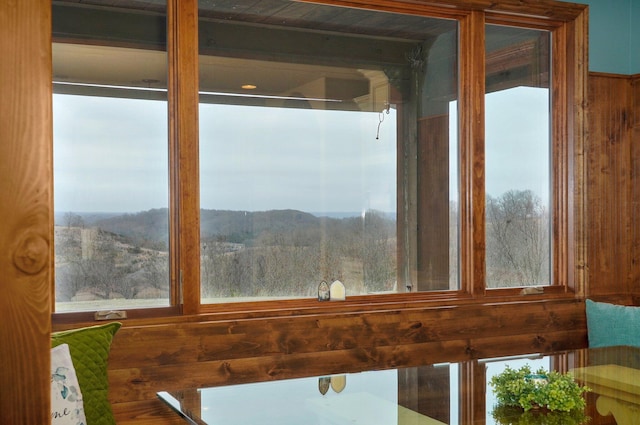 details featuring wood walls and a mountain view