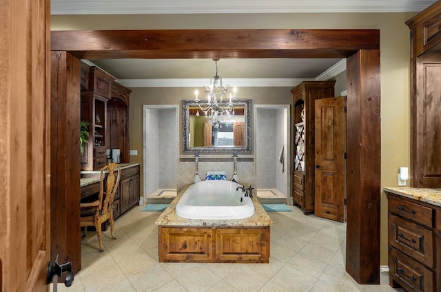 full bathroom featuring a chandelier, ornamental molding, a garden tub, and vanity