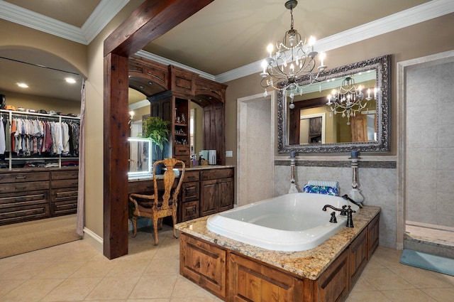 bathroom featuring crown molding, a spacious closet, a garden tub, and tile patterned floors