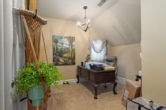 carpeted home office with lofted ceiling, baseboards, visible vents, and a notable chandelier