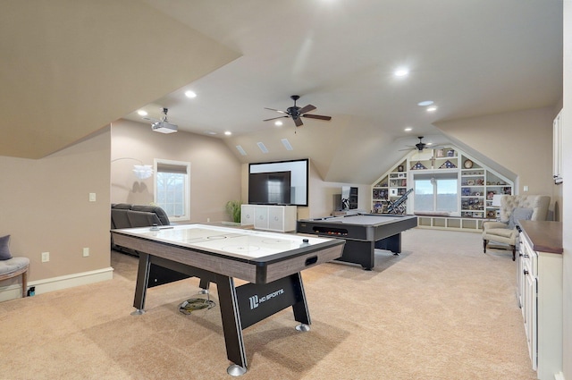 recreation room featuring light carpet, built in shelves, vaulted ceiling, and recessed lighting