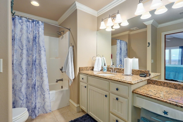 bathroom with shower / bathtub combination with curtain, toilet, ornamental molding, vanity, and tile patterned floors