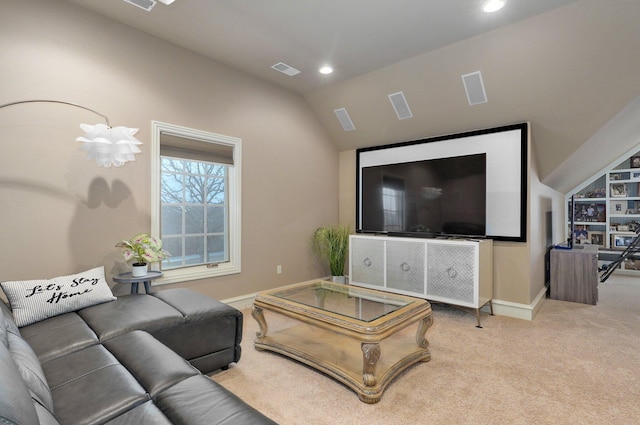 living room with carpet floors, recessed lighting, baseboards, and lofted ceiling