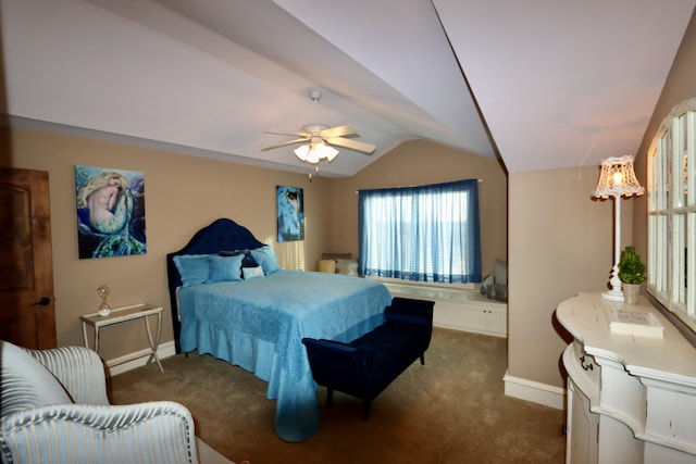 bedroom with vaulted ceiling, carpet floors, a ceiling fan, and baseboards