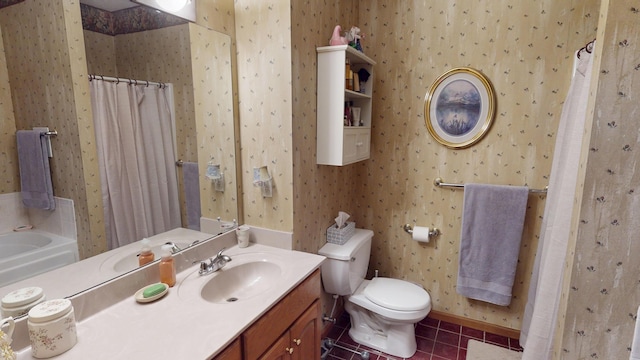 bathroom featuring vanity, tile patterned flooring, toilet, and wallpapered walls