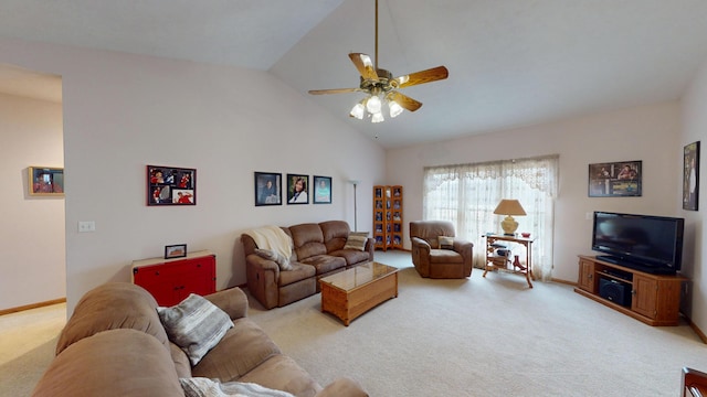 living area with a ceiling fan, carpet, high vaulted ceiling, and baseboards