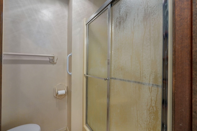 bathroom featuring a stall shower and toilet