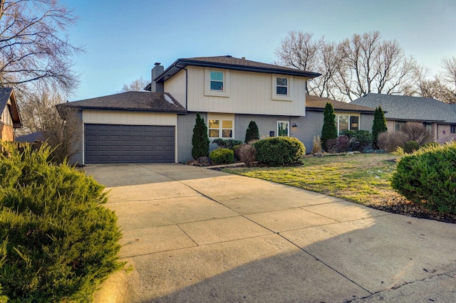 view of front of house featuring a garage, brick siding, concrete driveway, a front lawn, and a chimney