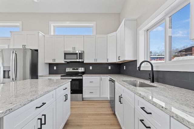 kitchen featuring tasteful backsplash, appliances with stainless steel finishes, white cabinets, and a sink