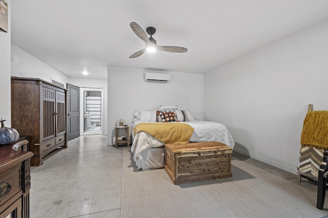 bedroom with concrete flooring, an AC wall unit, ceiling fan, and baseboards