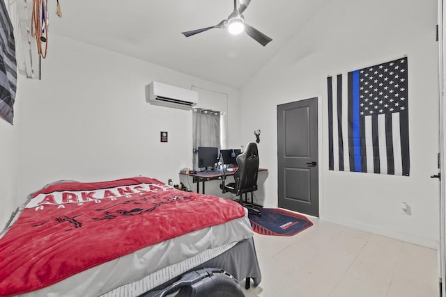 bedroom featuring a ceiling fan, a wall unit AC, and vaulted ceiling