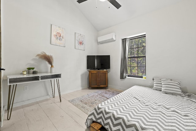 bedroom featuring lofted ceiling, an AC wall unit, ceiling fan, and baseboards