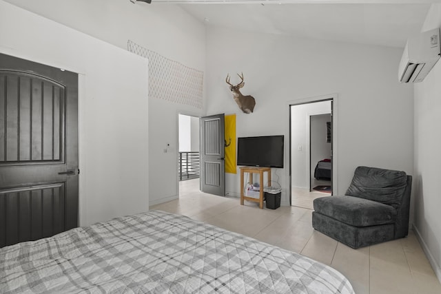 bedroom with tile patterned floors, baseboards, high vaulted ceiling, and a wall mounted AC