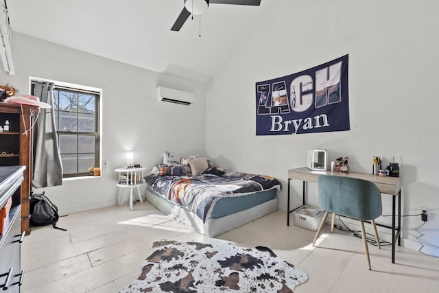 bedroom featuring a wall unit AC, vaulted ceiling, and ceiling fan