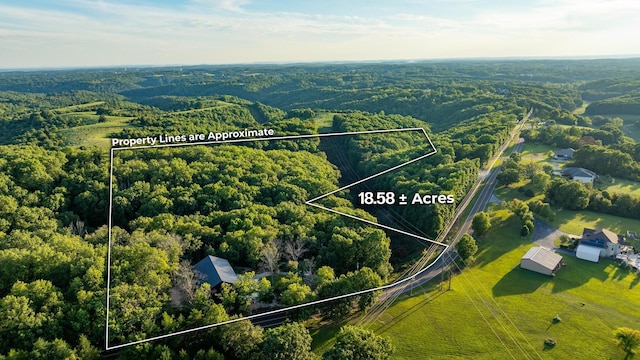 birds eye view of property with a wooded view