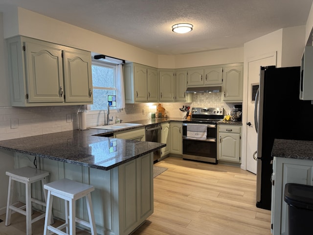 kitchen with light wood finished floors, stainless steel appliances, a sink, a peninsula, and under cabinet range hood