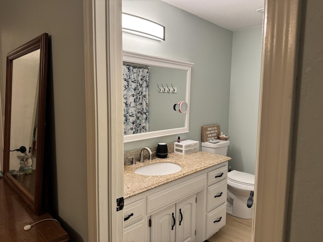 bathroom featuring toilet, a shower with shower curtain, wood finished floors, and vanity