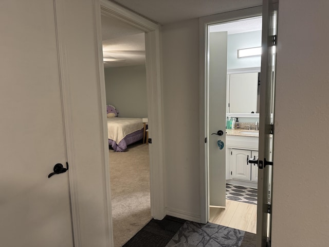 corridor with a sink and light colored carpet